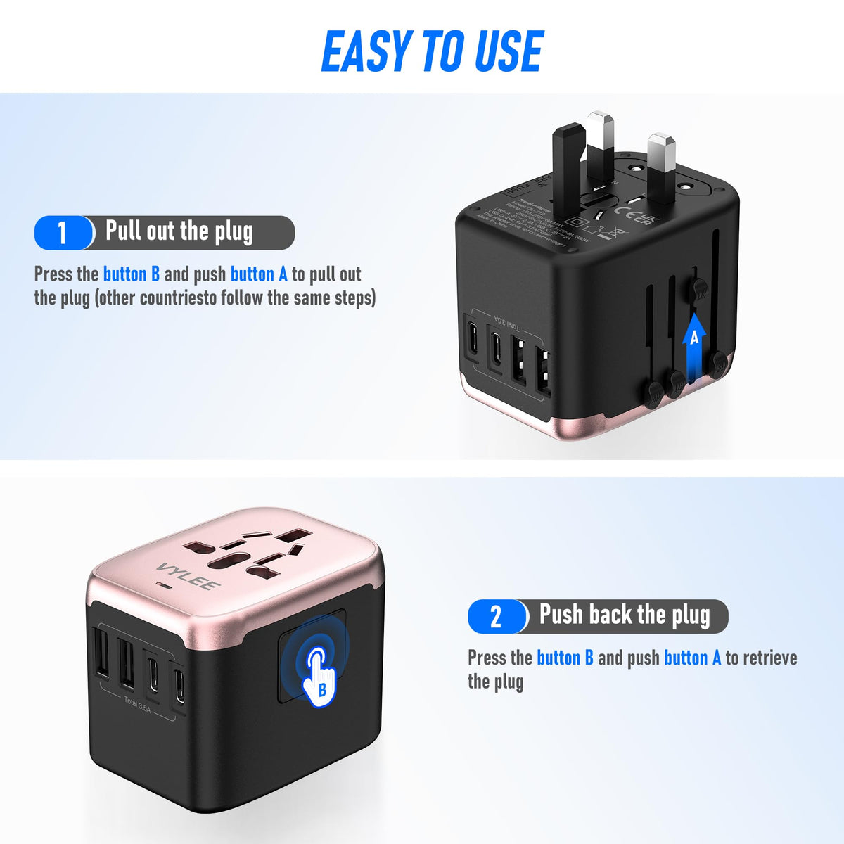 VYLEE Universal International Power Travel Plug Adapter 5-in-1 Rose Gold