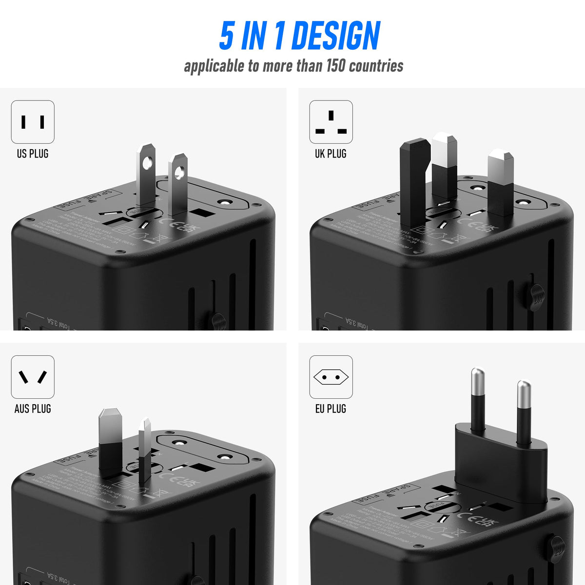 VYLEE Universal International Power Travel Plug Adapter 5-in-1 Rose Gold