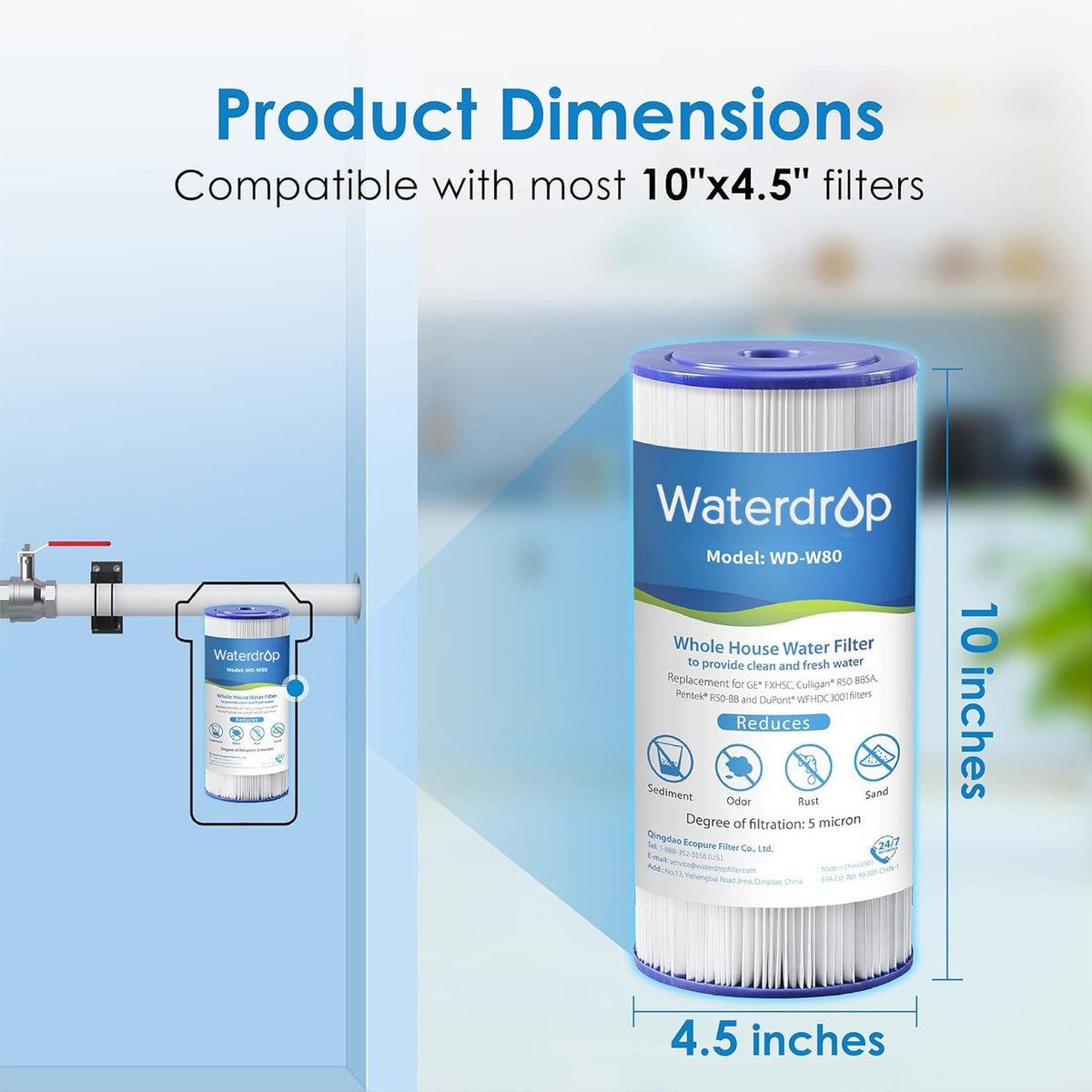 Waterdrop FXHSC 10" x 4.5" Whole House Water Filter – 5 Micron Sediment, Pack of 2, GE / GXWH Compatible