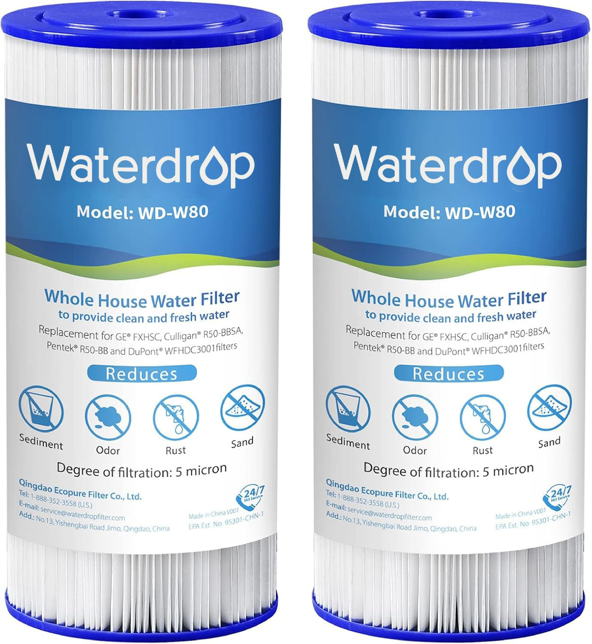 Waterdrop FXHSC 10" x 4.5" Whole House Water Filter – 5 Micron Sediment, Pack of 2, GE / GXWH Compatible
