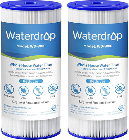 Waterdrop FXHSC 10" x 4.5" Whole House Water Filter – 5 Micron Sediment, Pack of 2, GE / GXWH Compatible