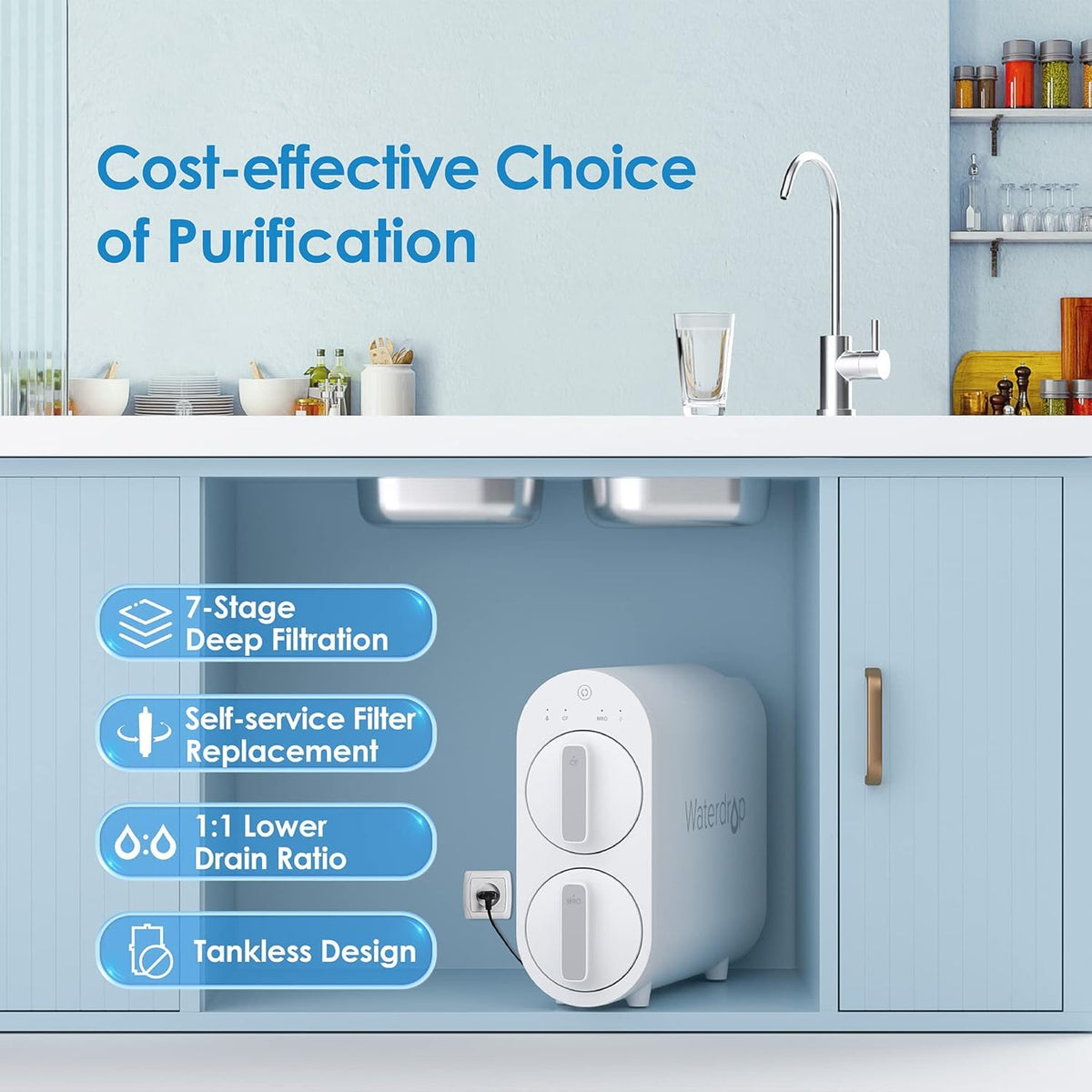 Waterdrop G2 RO System — 7-Stage Tankless Under Sink, 400 GPD, 1:1 Drain