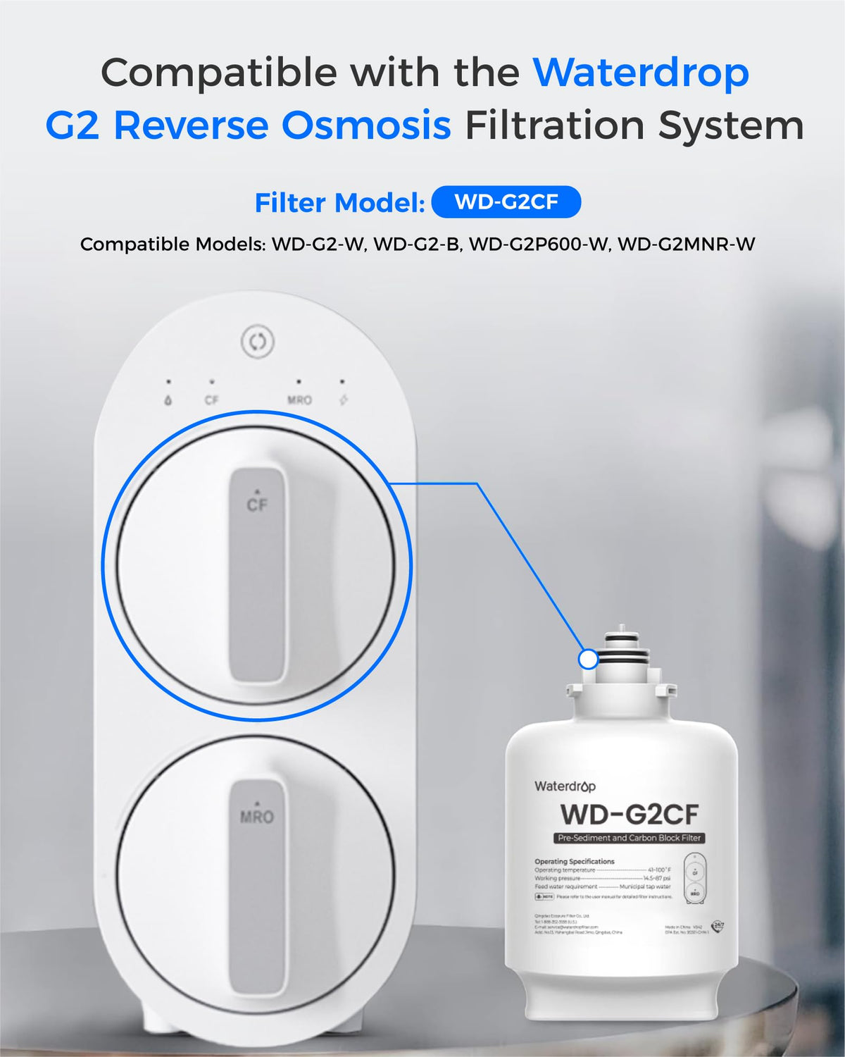 Waterdrop G2CF Filter — Replacement for G2, G2P600 & G2MNR RO Systems | 12-Month Lifetime