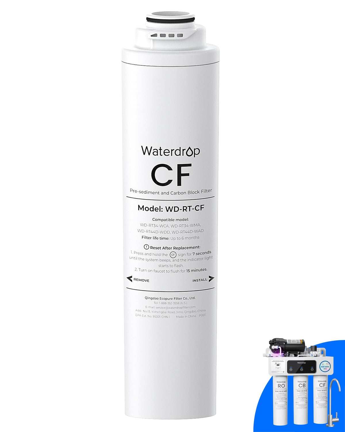 Waterdrop RT-CF Filter Replacement for T3-T / T3-C / T3-M / T4-A RO Systems – 1-Pack, 6-Month Life