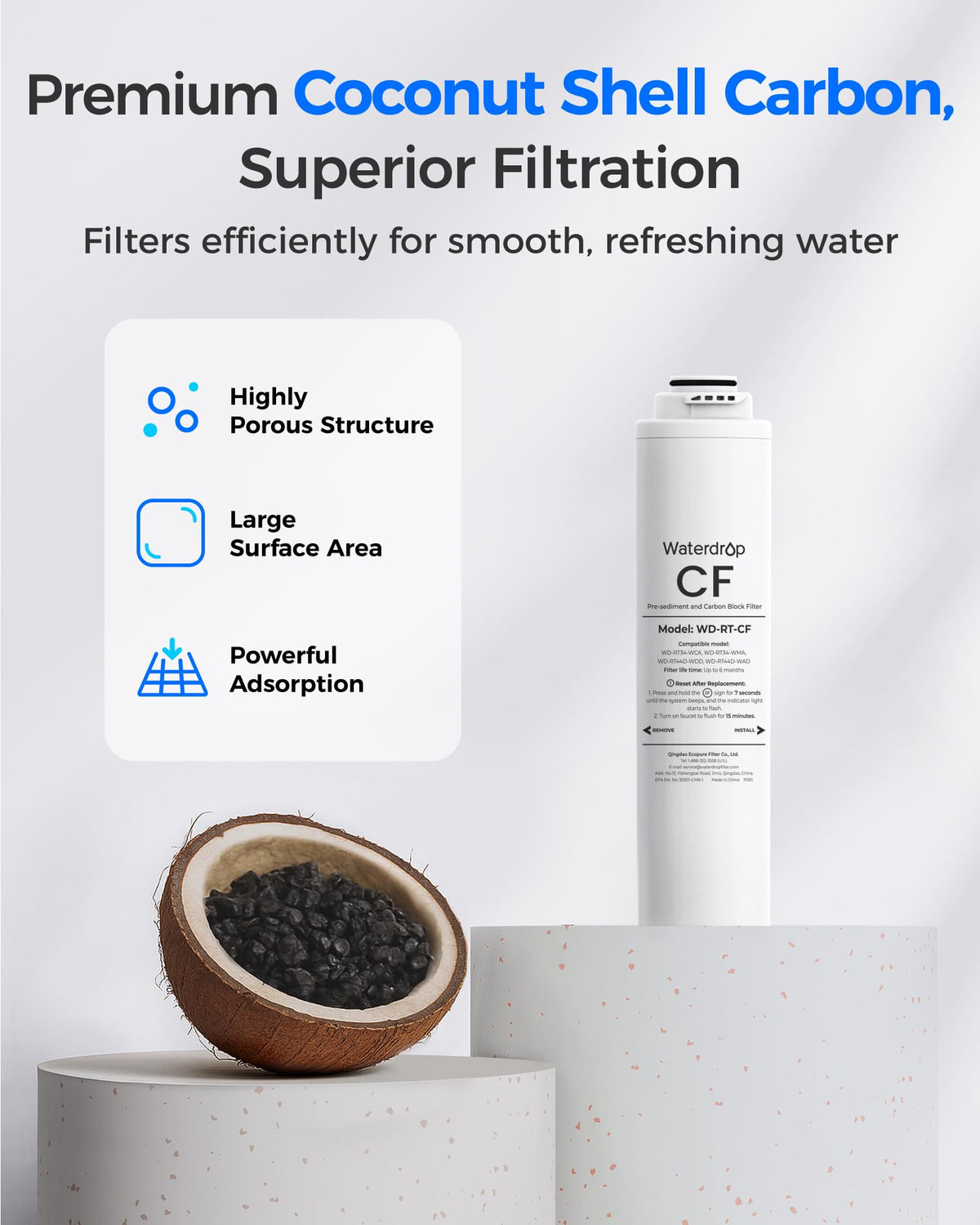 Waterdrop RT-CF Filter Replacement for T3-T / T3-C / T3-M / T4-A RO Systems – 1-Pack, 6-Month Life