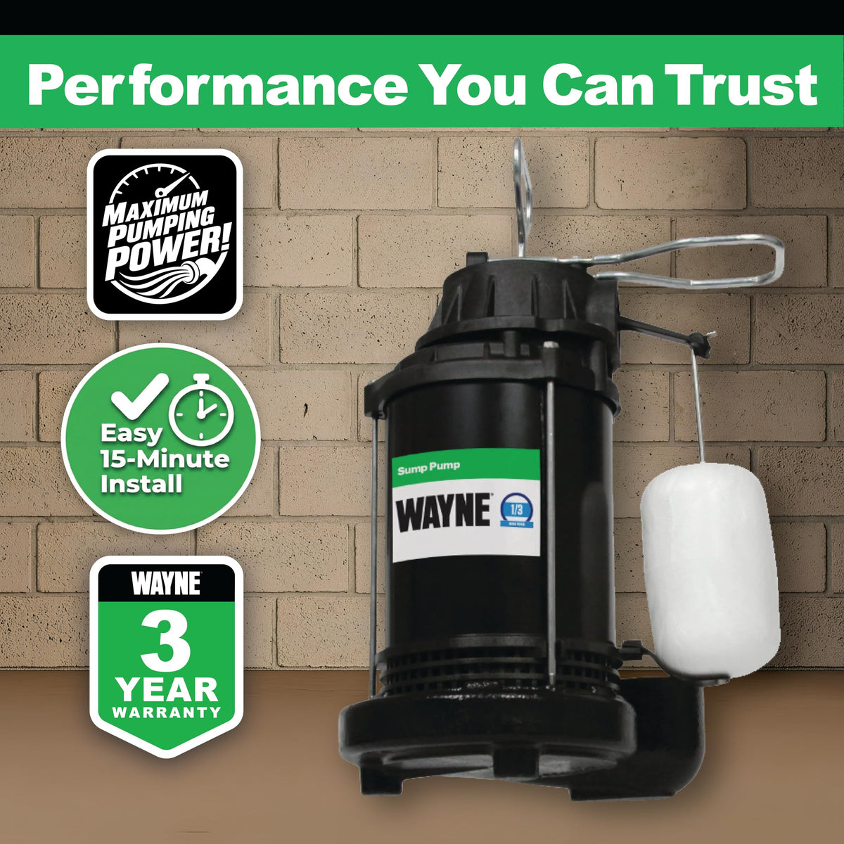 Wayne CDU790 1/3 HP Submersible Sump Pump – Cast Iron, Vertical Float Switch, 4600 GPH