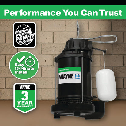 Wayne CDU790 1/3 HP Submersible Sump Pump – Cast Iron, Vertical Float Switch, 4600 GPH