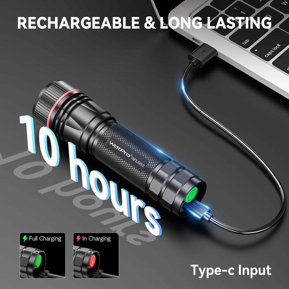 WdtPro Rechargeable Flashlights 2-Pack – High Lumen, USB-C Recharge, IP65