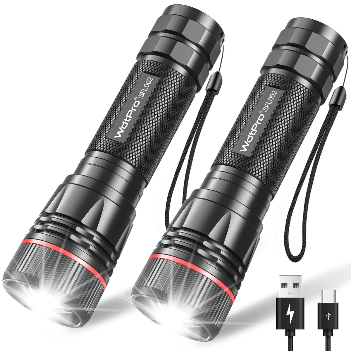 WdtPro Rechargeable Flashlights 2-Pack – High Lumen, USB-C Recharge, IP65