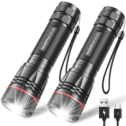 WdtPro Rechargeable Flashlights 2-Pack – High Lumen, USB-C Recharge, IP65