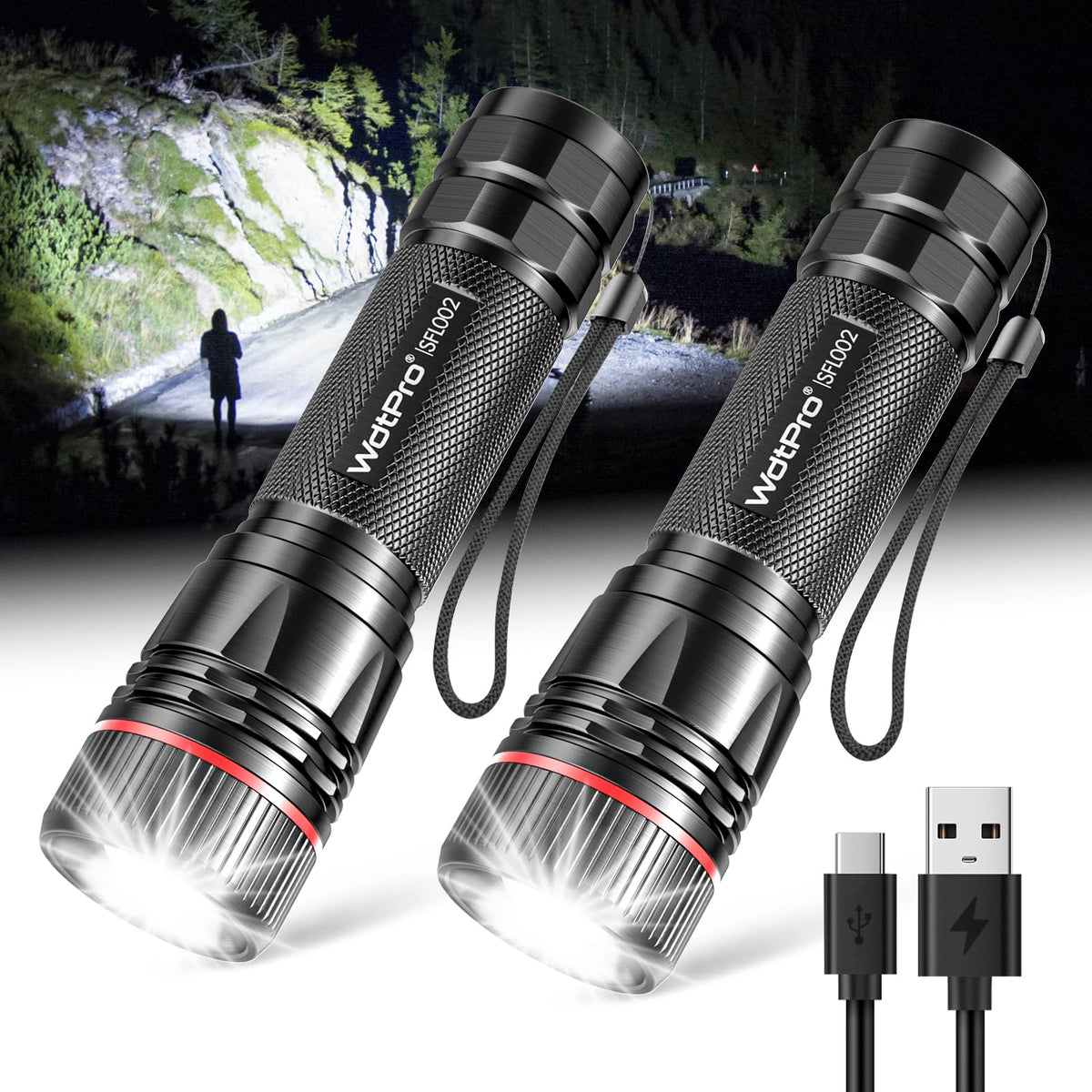 WdtPro Rechargeable Flashlights 2-Pack – High Lumen, USB-C Recharge, IP65