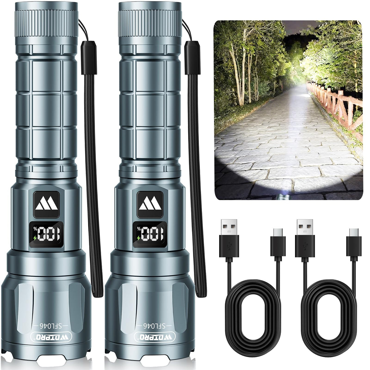 WdtPro LED Rechargeable Flashlight 2-Pack | 6000 Lumens, 3 Modes, LCD Display, IP65