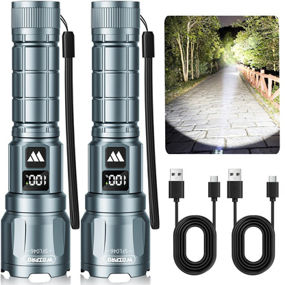 WdtPro LED Rechargeable Flashlight 2-Pack | 6000 Lumens, 3 Modes, LCD Display, IP65