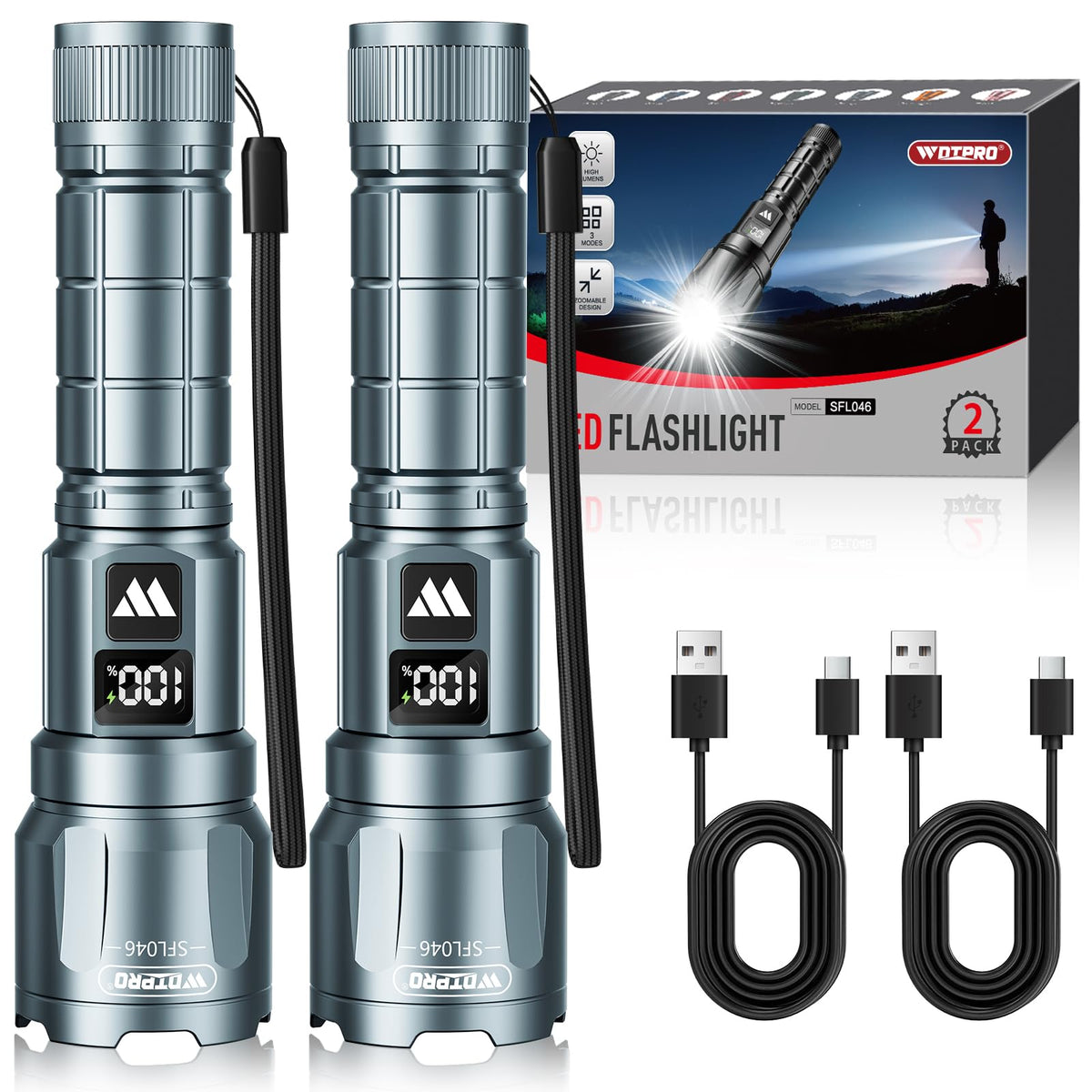 WdtPro LED Rechargeable Flashlight 2-Pack | 6000 Lumens, 3 Modes, LCD Display, IP65