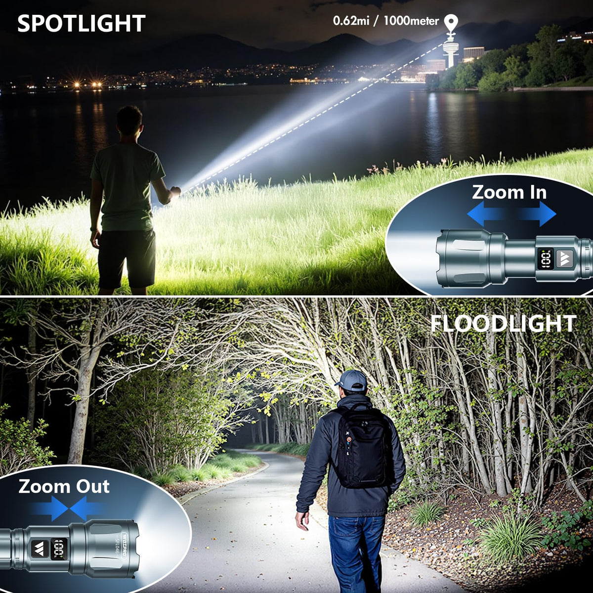 WdtPro LED Rechargeable Flashlight 2-Pack | 6000 Lumens, 3 Modes, LCD Display, IP65