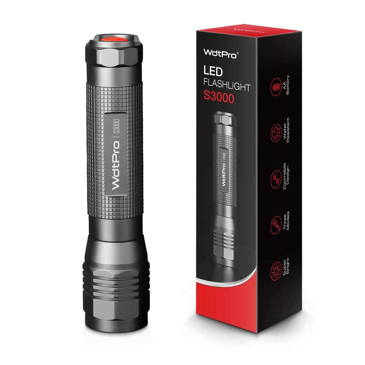 WdtPro S3000 High-Powered LED Flashlight – 1600 Lumens, IP67 Waterproof, Zoomable, 3 Modes