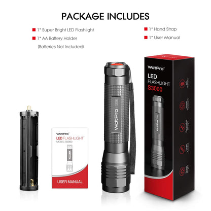 WdtPro S3000 High-Powered LED Flashlight – 1600 Lumens, IP67 Waterproof, Zoomable, 3 Modes