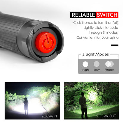 WdtPro S3000 High-Powered LED Flashlight – 1600 Lumens, IP67 Waterproof, Zoomable, 3 Modes