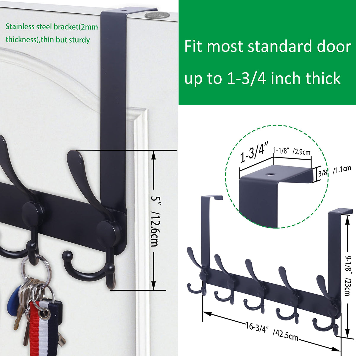 WEBI Over The Door Hook – 5 Tri Hooks Rack for Coats & Towels | Black