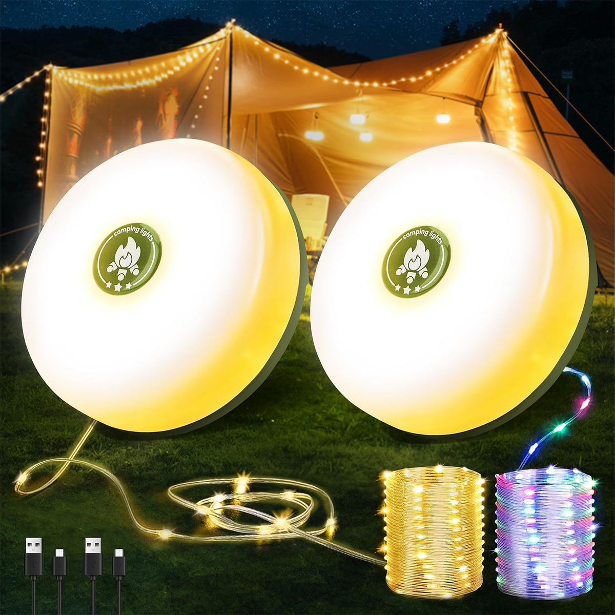 Wellgium 2-Pack Camping String Lights — Rechargeable 4-in-1 Tent Lights, 32.8ft, 8 Modes