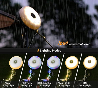Wellgium 2-Pack Camping String Lights — Rechargeable 4-in-1 Tent Lights, 32.8ft, 8 Modes