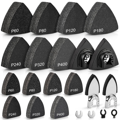 WEWINK PLUS 148Pcs Oscillating Tool Sanding Pads – 60-400 Grits, 2 Finger & 2 Triangle Pads, Universal Fit