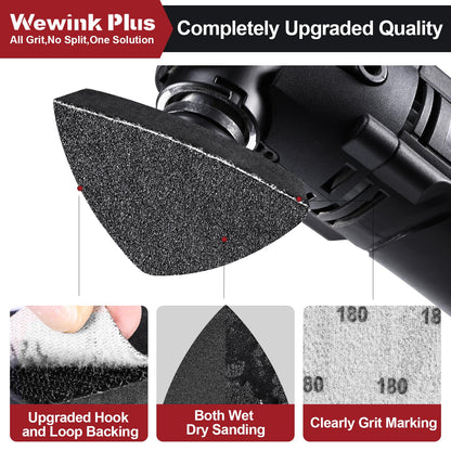 WEWINK PLUS 148Pcs Oscillating Tool Sanding Pads – 60-400 Grits, 2 Finger & 2 Triangle Pads, Universal Fit