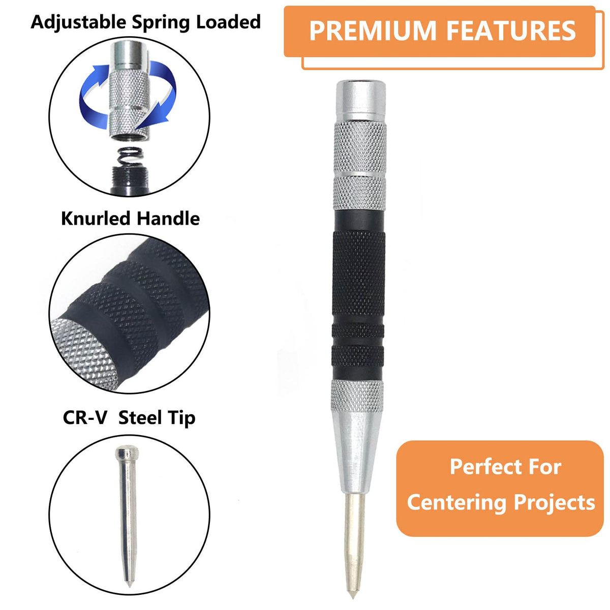 WHLLING 2-Piece Automatic Center Punch — 6-Inch Hardened Steel, Spring-Loaded with Adjustable Knurled Cap