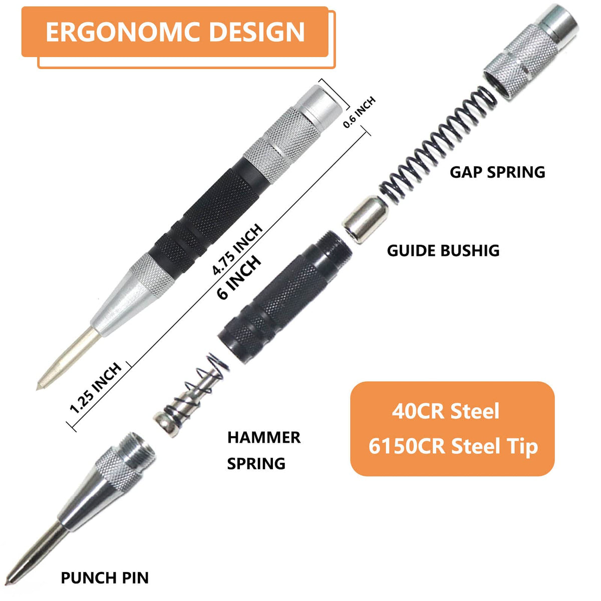 WHLLING 2-Piece Automatic Center Punch — 6-Inch Hardened Steel, Spring-Loaded with Adjustable Knurled Cap