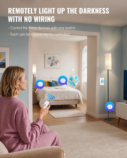 WILAWELS Remote Control Outlet – 3-Plug Wireless Light Switch Kit, 100ft Range, Removable Base