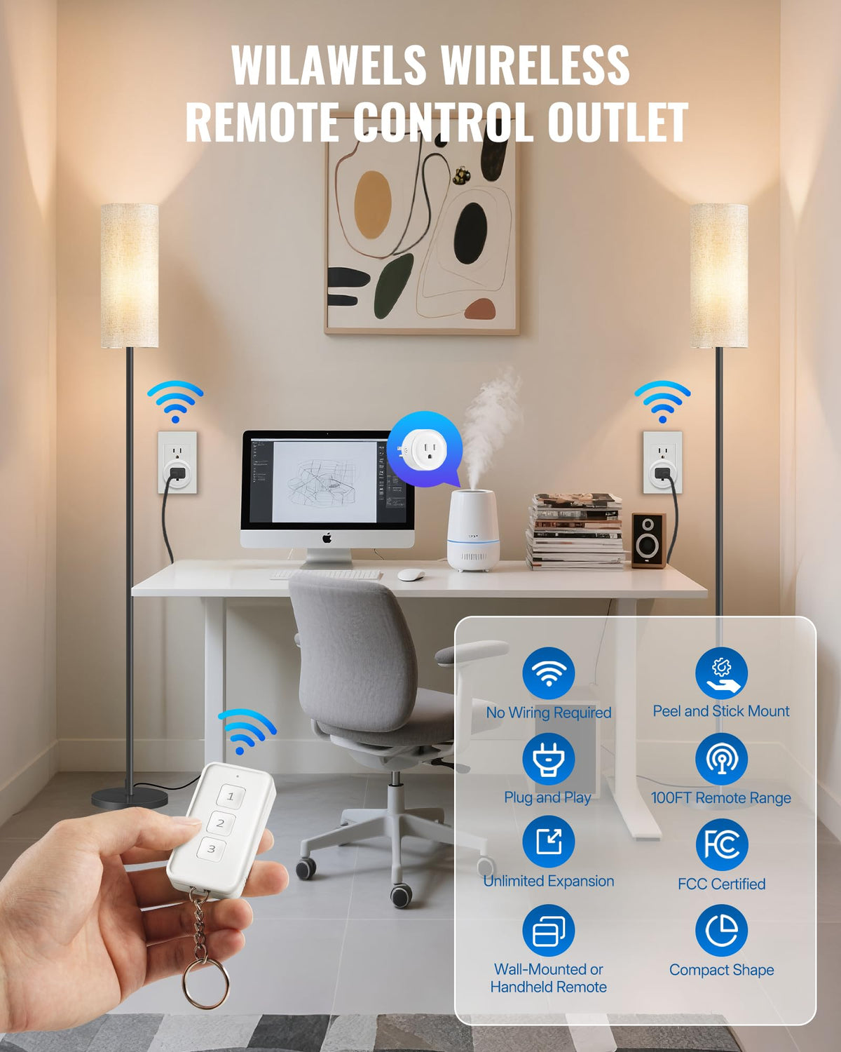 WILAWELS Remote Control Outlet – 3-Plug Wireless Light Switch Kit, 100ft Range, Removable Base
