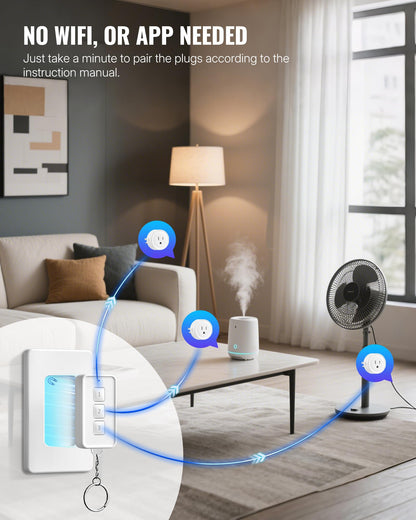 WILAWELS Remote Control Outlet – 3-Plug Wireless Light Switch Kit, 100ft Range, Removable Base
