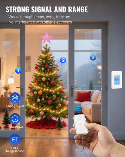 WILAWELS Remote Control Outlet – 3-Plug Wireless Light Switch Kit, 100ft Range, Removable Base