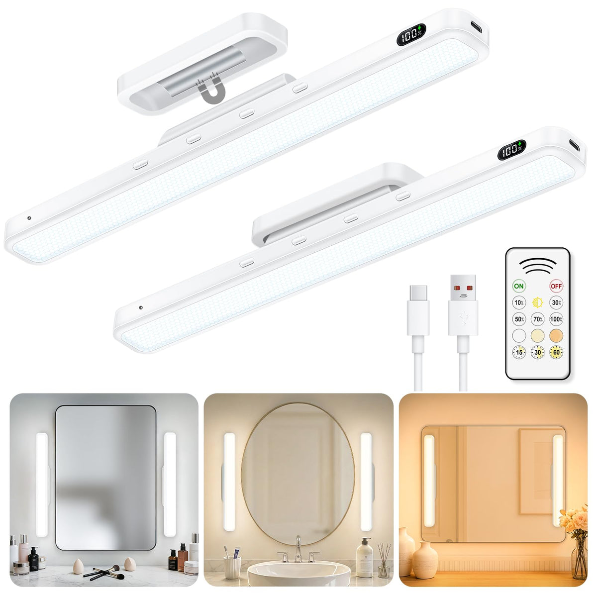 WILLED 5W Mirror Lights with Remote Control – Eye-Friendly Vanity Lights (Rechargeable, 2 Pack)
