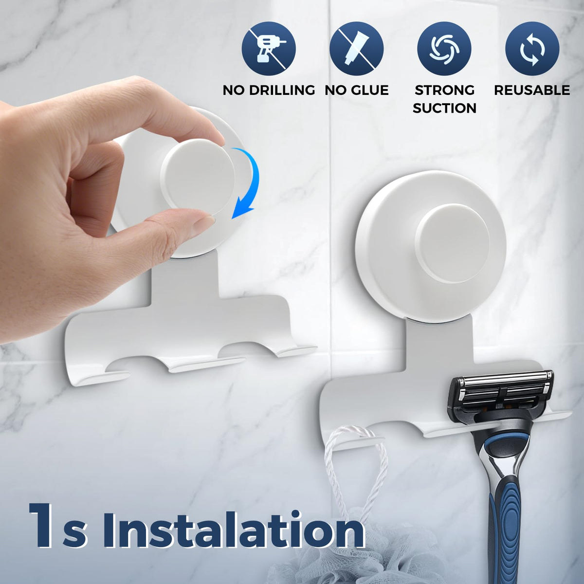 WingWider Suction Cup Razor Holder – Heavy-Duty 7KG Shower Hooks, 2 Pack, Matte White