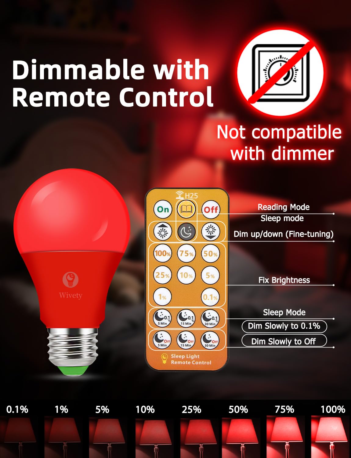 Wivety Red Light Bulbs for Sleep with Remote – 625nm Red Light, 100% Blue Light Block, E26 LED A19, 9W (4 Pack)