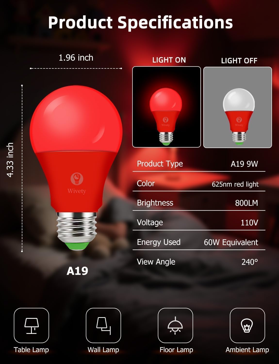 Wivety Red Light Bulbs for Sleep with Remote – 625nm Red Light, 100% Blue Light Block, E26 LED A19, 9W (4 Pack)