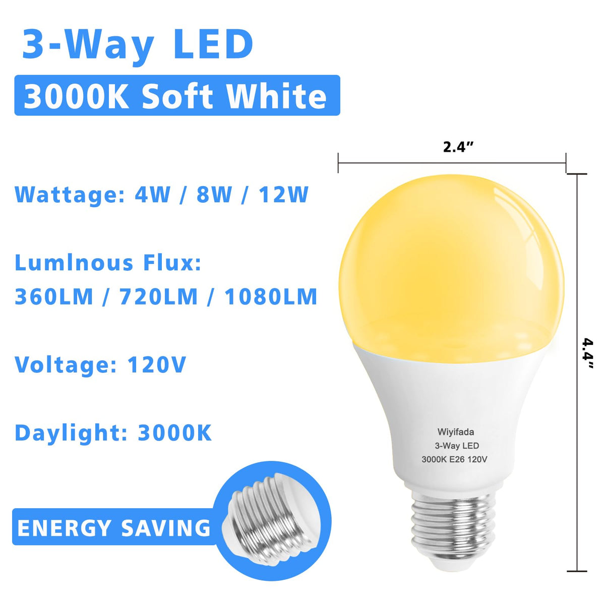 Wiyifada 3 Way LED Light Bulbs – 4 Pack, Soft White 3000K, 360/720/1080 lm, E26 A19