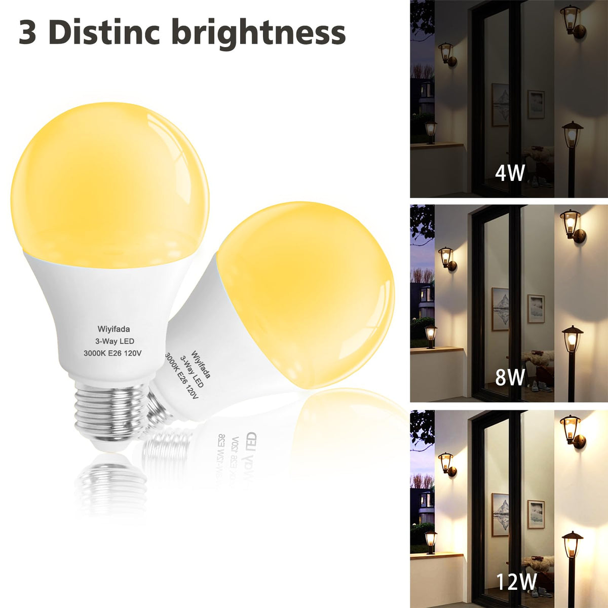 Wiyifada 3 Way LED Light Bulbs – 4 Pack, Soft White 3000K, 360/720/1080 lm, E26 A19