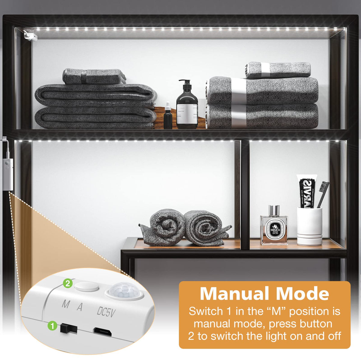 WOBANE Motion Sensor Stair Strip Lights – 60 LEDs, USB Rechargeable, Auto/Manual Modes, 6.56ft (2-Pack)