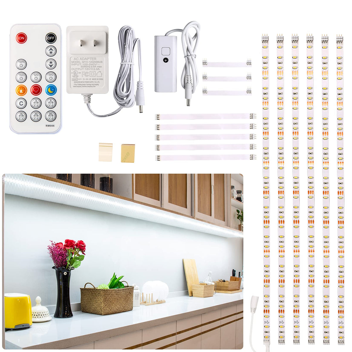 WOBANE Under Counter Light - Dimmable LED Strip Kit, 9.8 ft, 1500LM, 6000K White, RF Remote