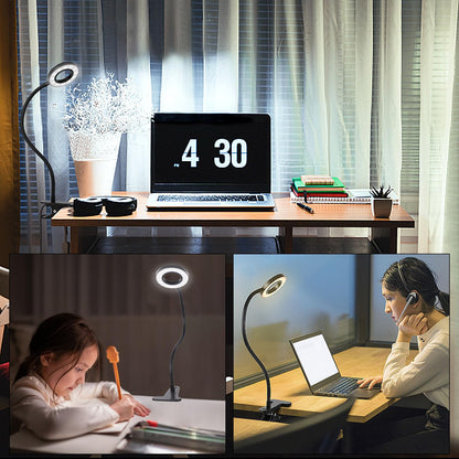 Woputne Desk Clip-On Lamp for Reading & Home Office — 2-Pack, 5V 2A, 10 Brightness Levels, 3 Light Modes, 360° Neck, Black