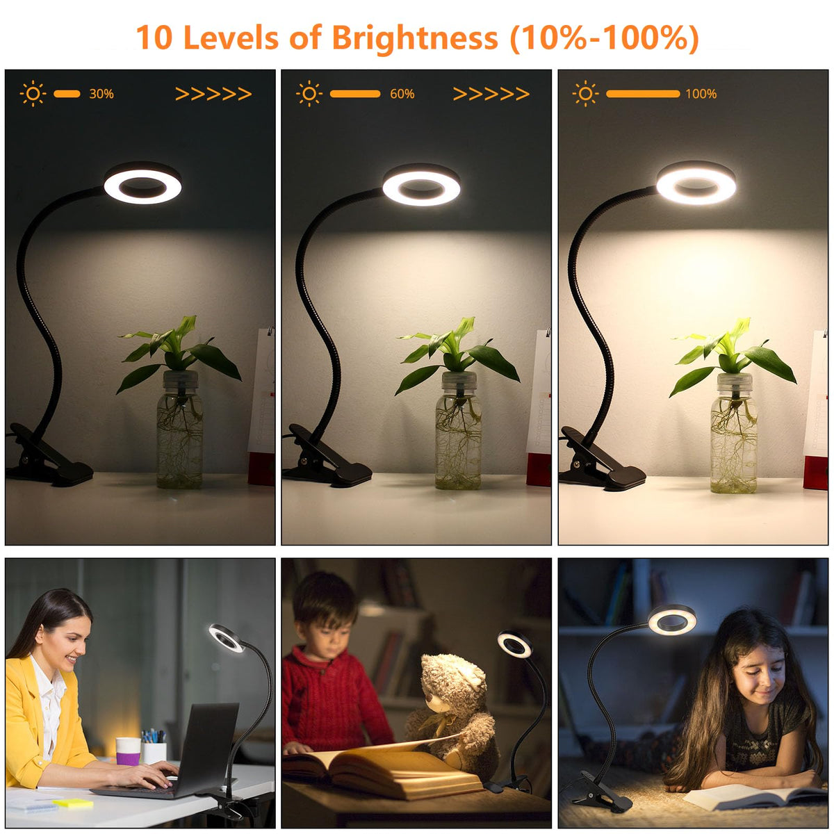 Woputne Desk Clip-On Lamp for Reading & Home Office — 2-Pack, 5V 2A, 10 Brightness Levels, 3 Light Modes, 360° Neck, Black