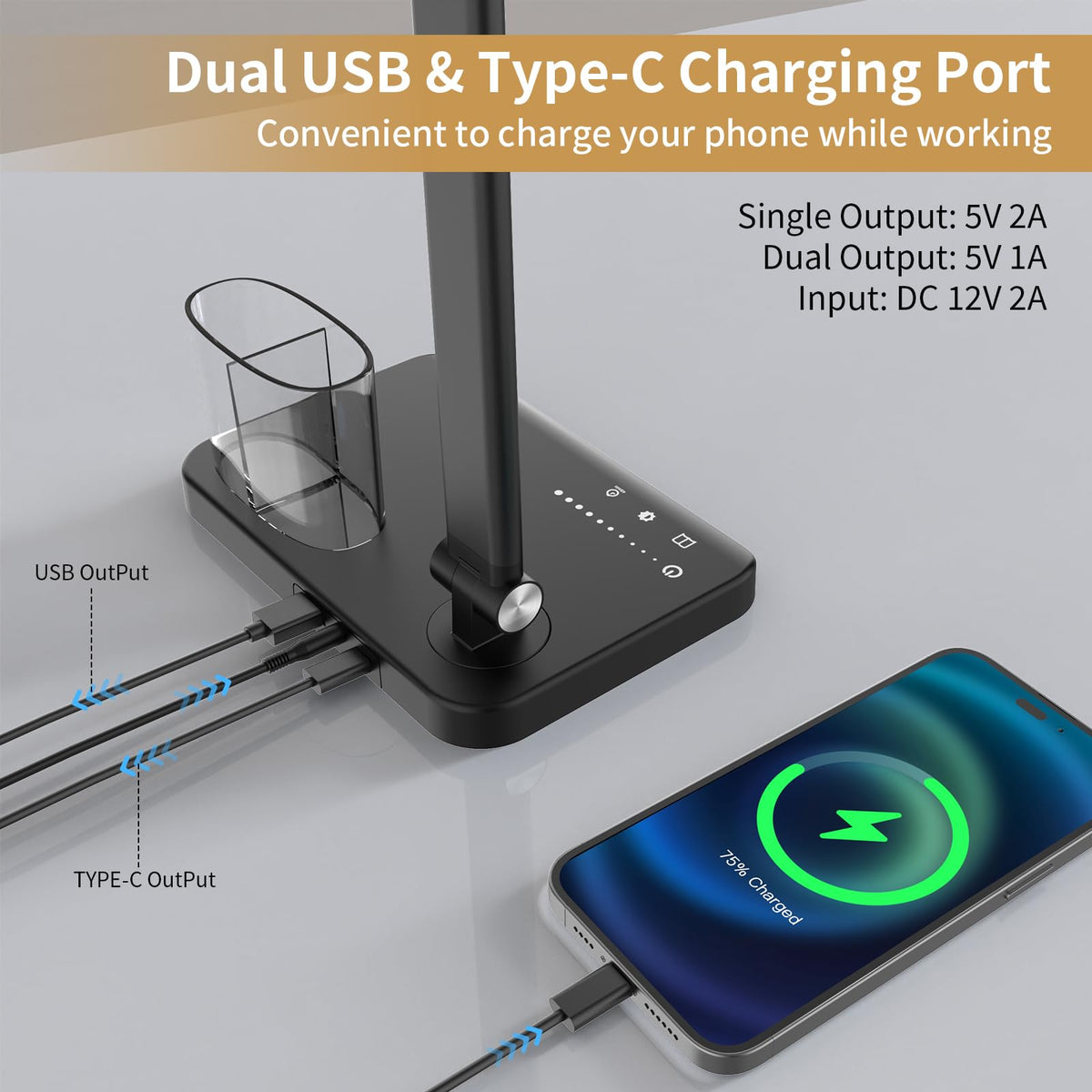 Woputne LED Desk Lamp – Dual-Head, 15W, 5 Modes, USB-C & USB-A, Height Adjustable