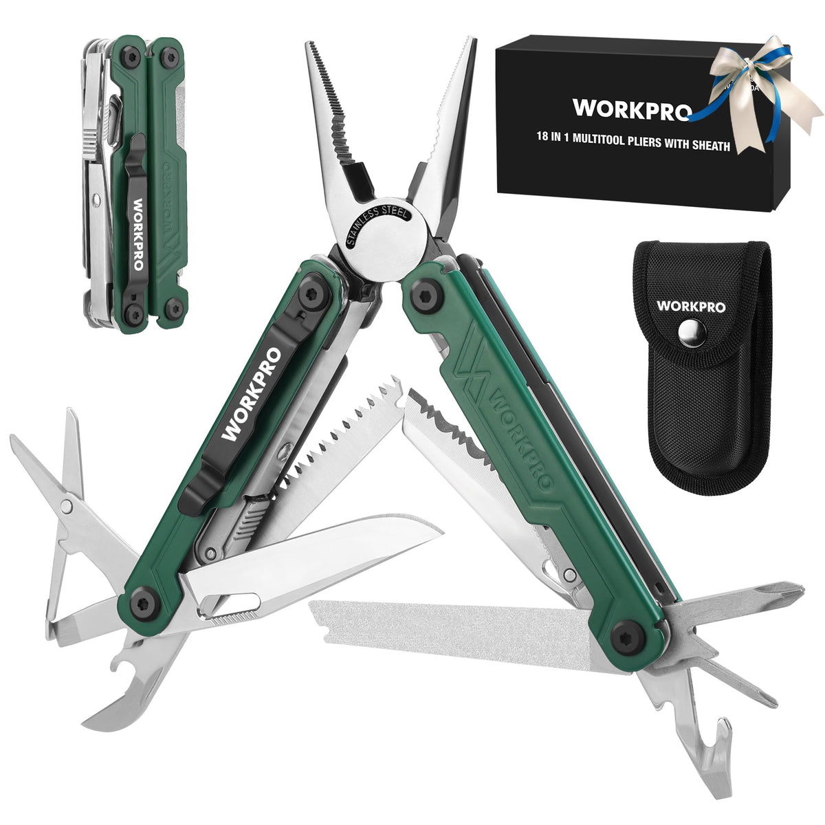WORKPRO 18-in-1 Multi Tool Pliers – Stainless Steel EDC with Belt Clip