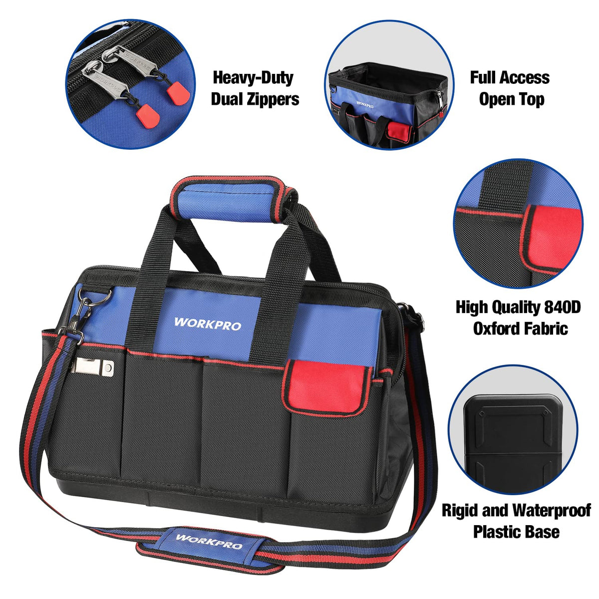WORKPRO 18-Inch Tool Bag with Waterproof Base – Open Top Organizer, 20 Pockets