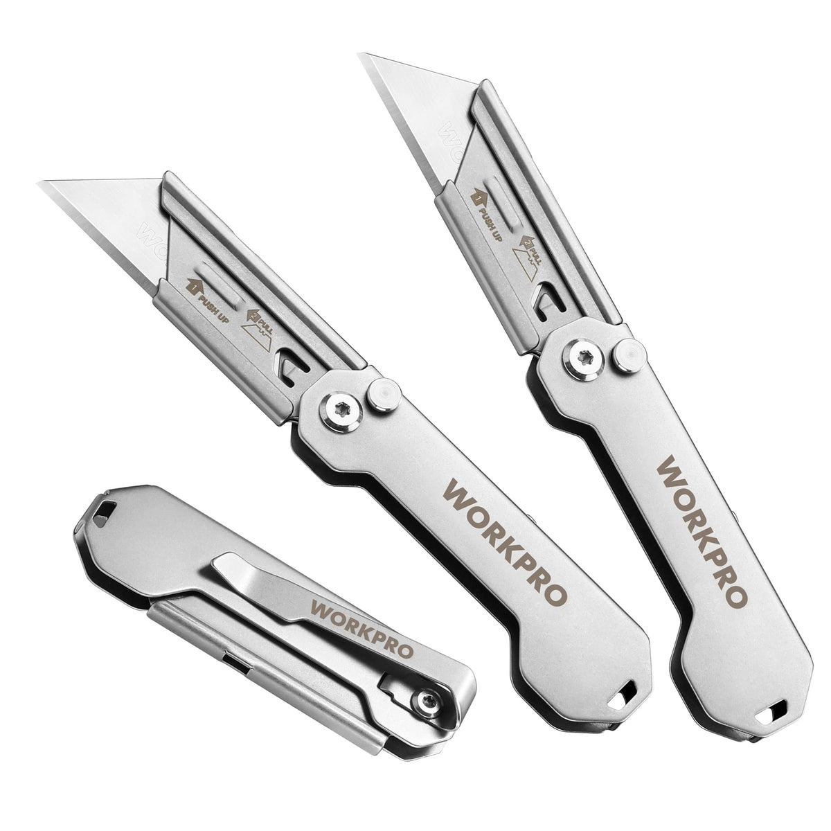 WORKPRO 3-Pack Folding Utility Knife – Quick-Change Blades, Belt Clip, EDC Box Cutter
