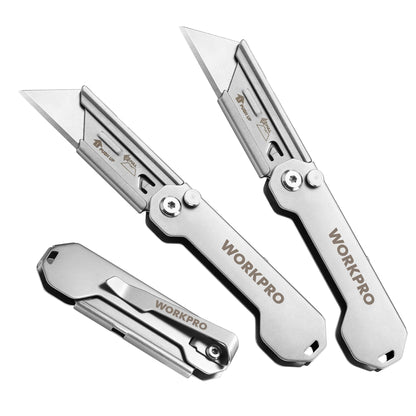 WORKPRO 3-Pack Folding Utility Knife – Quick-Change Blades, Belt Clip, EDC Box Cutter