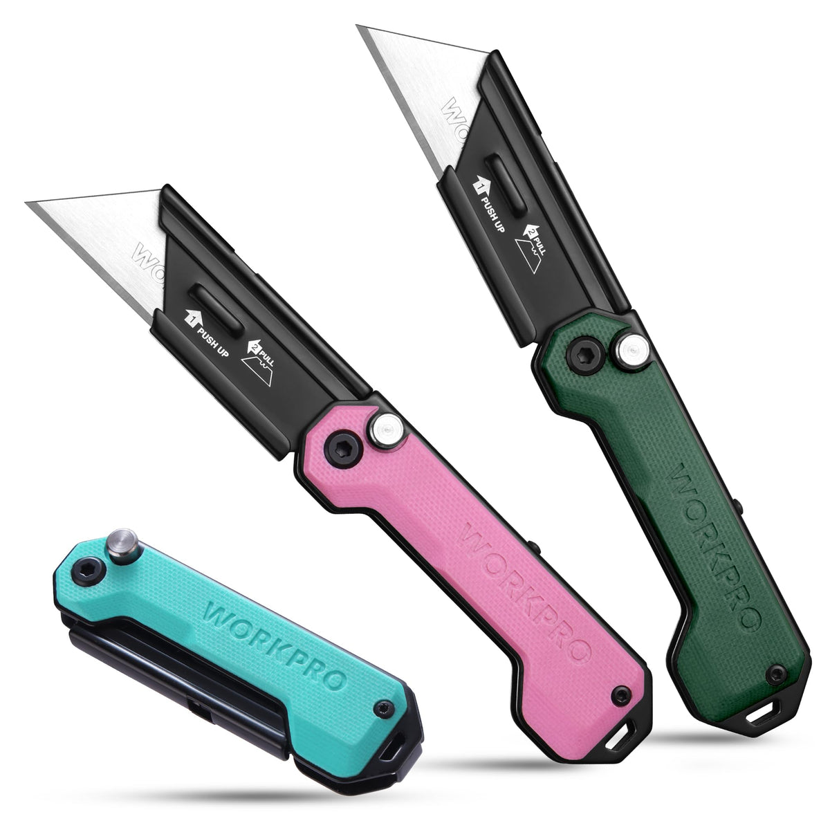 WORKPRO 3-Pack Folding Utility Knife – Compact EDC Box Cutter with G10 Handle, Axis Lock & Belt Clip