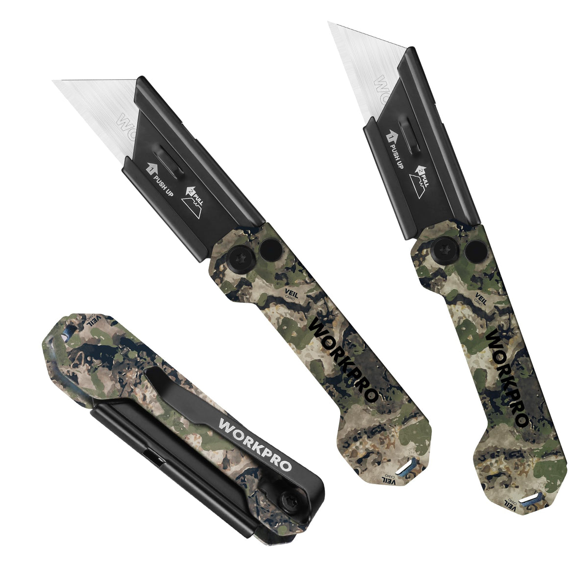 WORKPRO 3-Pack Camouflage Folding Utility Knives | Quick-Open Axis Lock